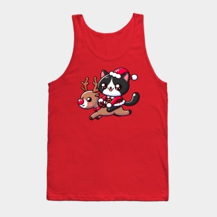 Tuxedo cat in santa costume, riding a reindeer Tank Top